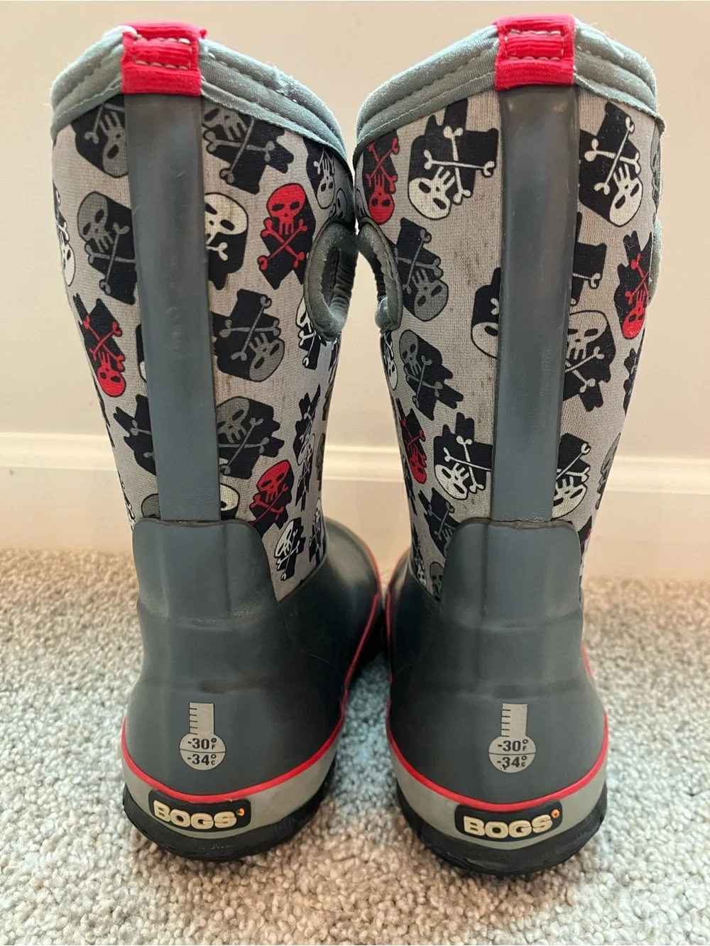 Bogs Kids Grey Skull Rain Boots with Red Accents